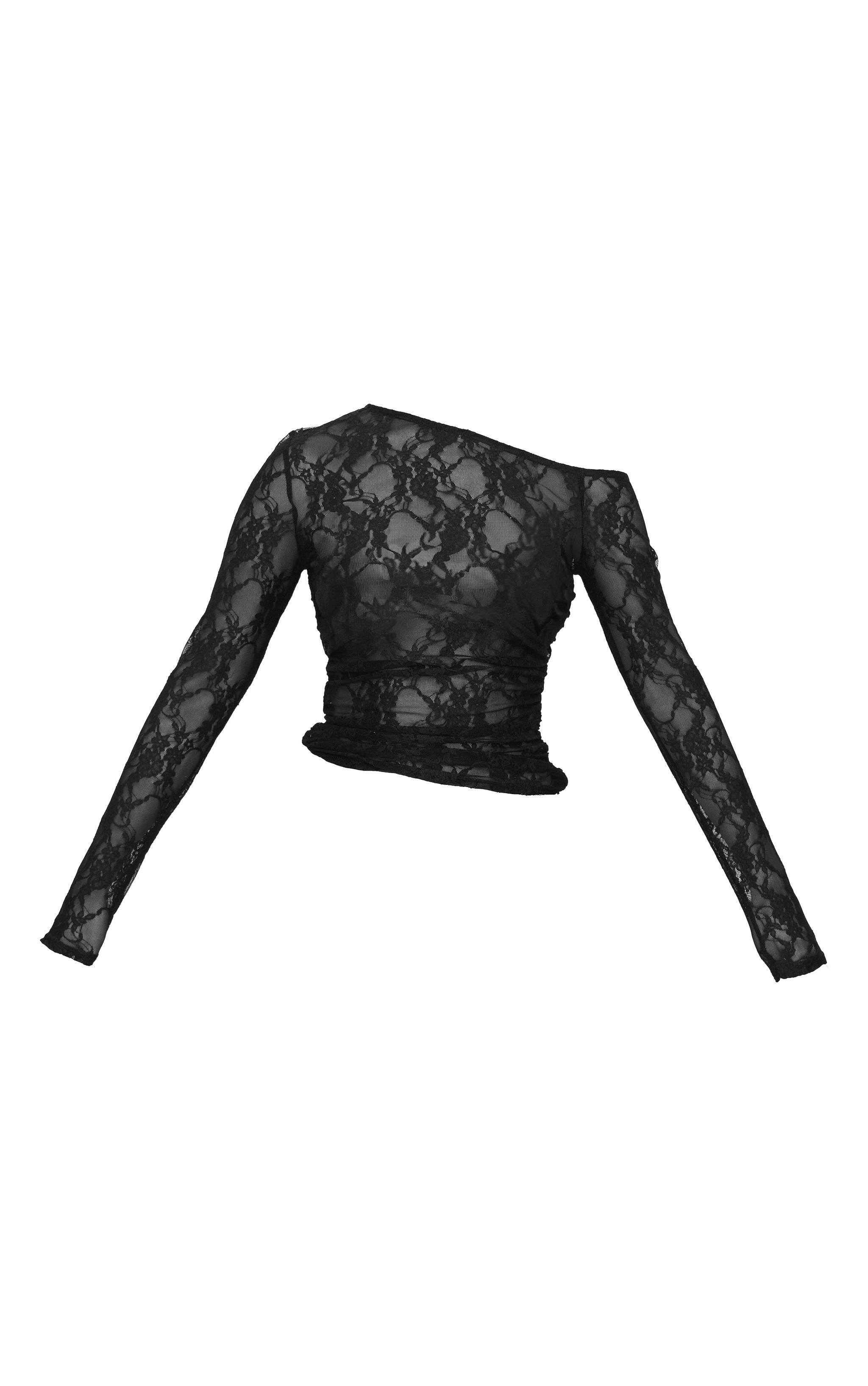 Black Lace Asymmetric Shoulder Long Sleeve Top Product Image