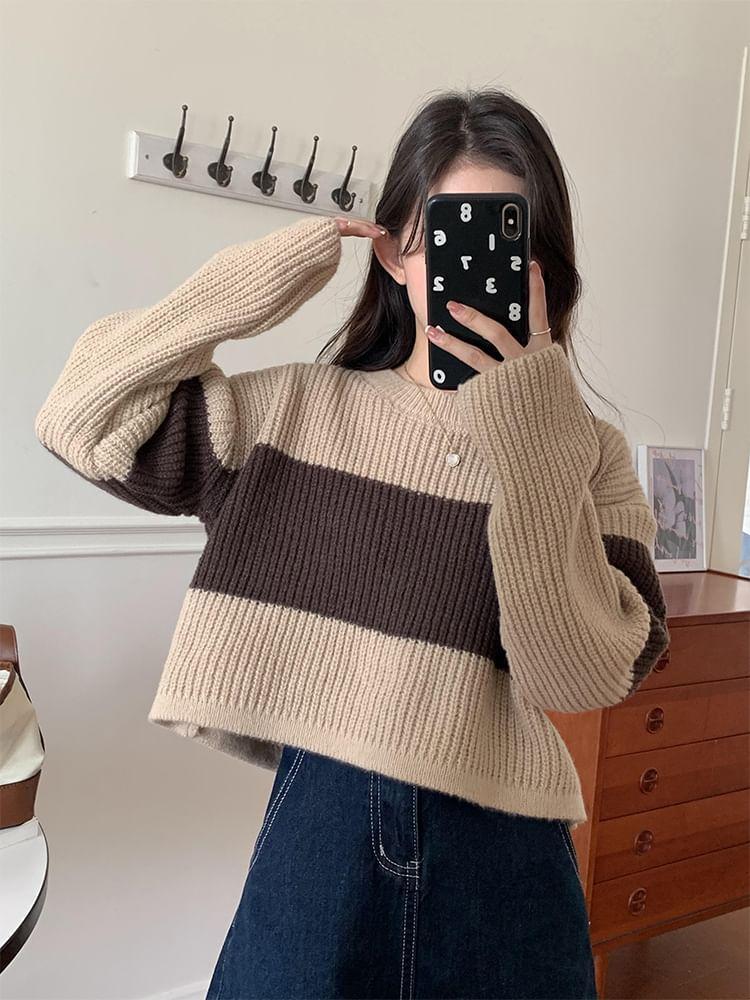 Drop Shoulder Round Neck Striped Crop Sweater Product Image