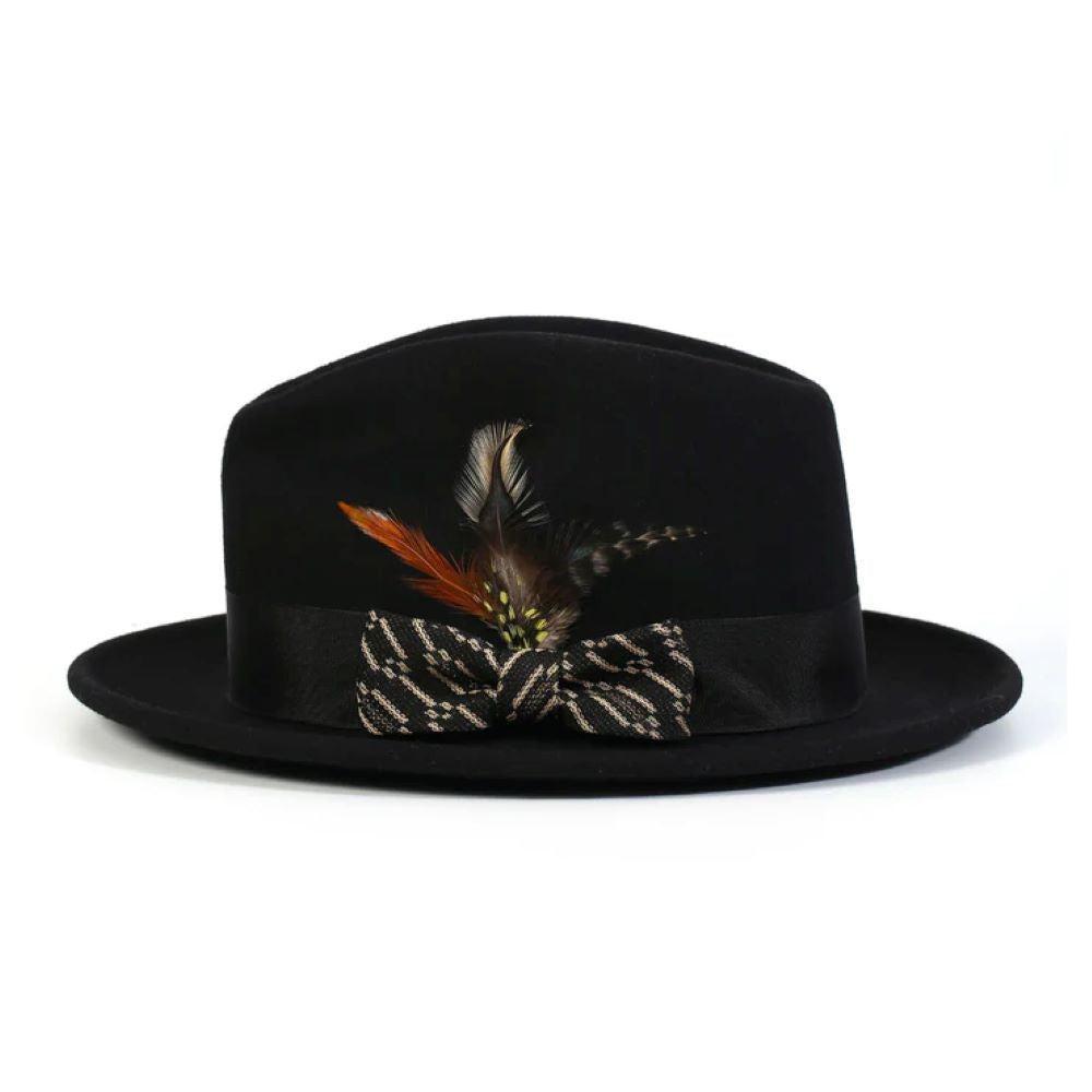 Black Wool Felt Fedora Hat with Beige Ribbon 2½ Brim Product Image