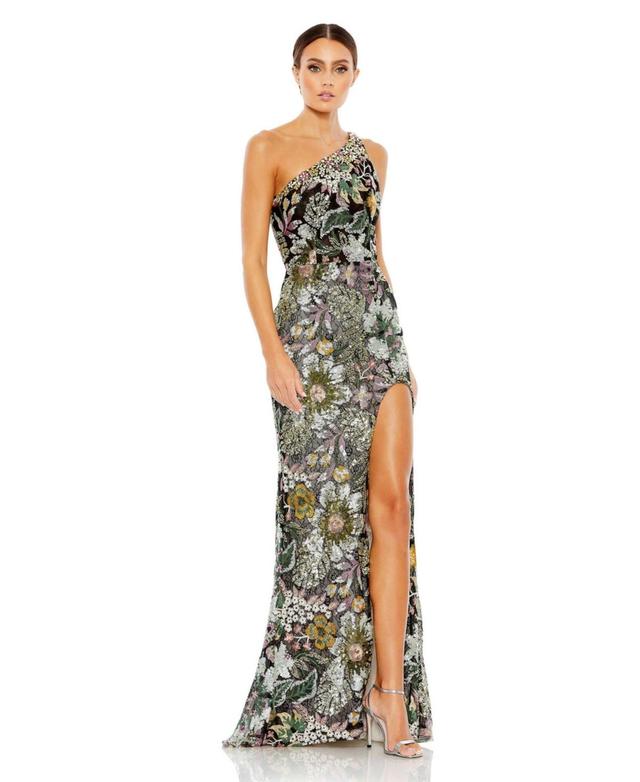 Mac Duggal Sleeveless Asymmetric One Shoulder Floral Embroidered Thigh High Slit Sheath Gown Product Image