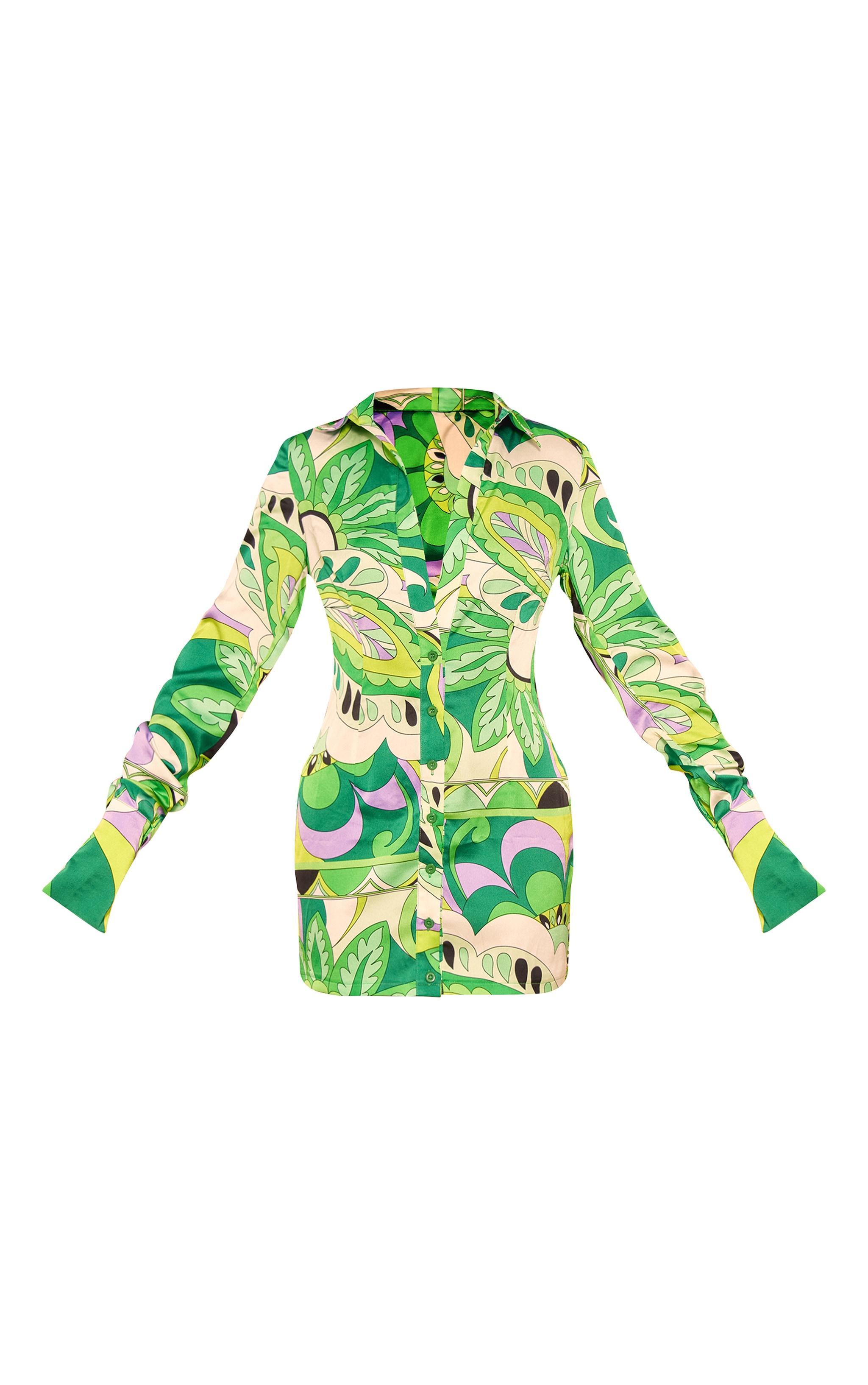 Green Floral Printed Shirt Dress Product Image