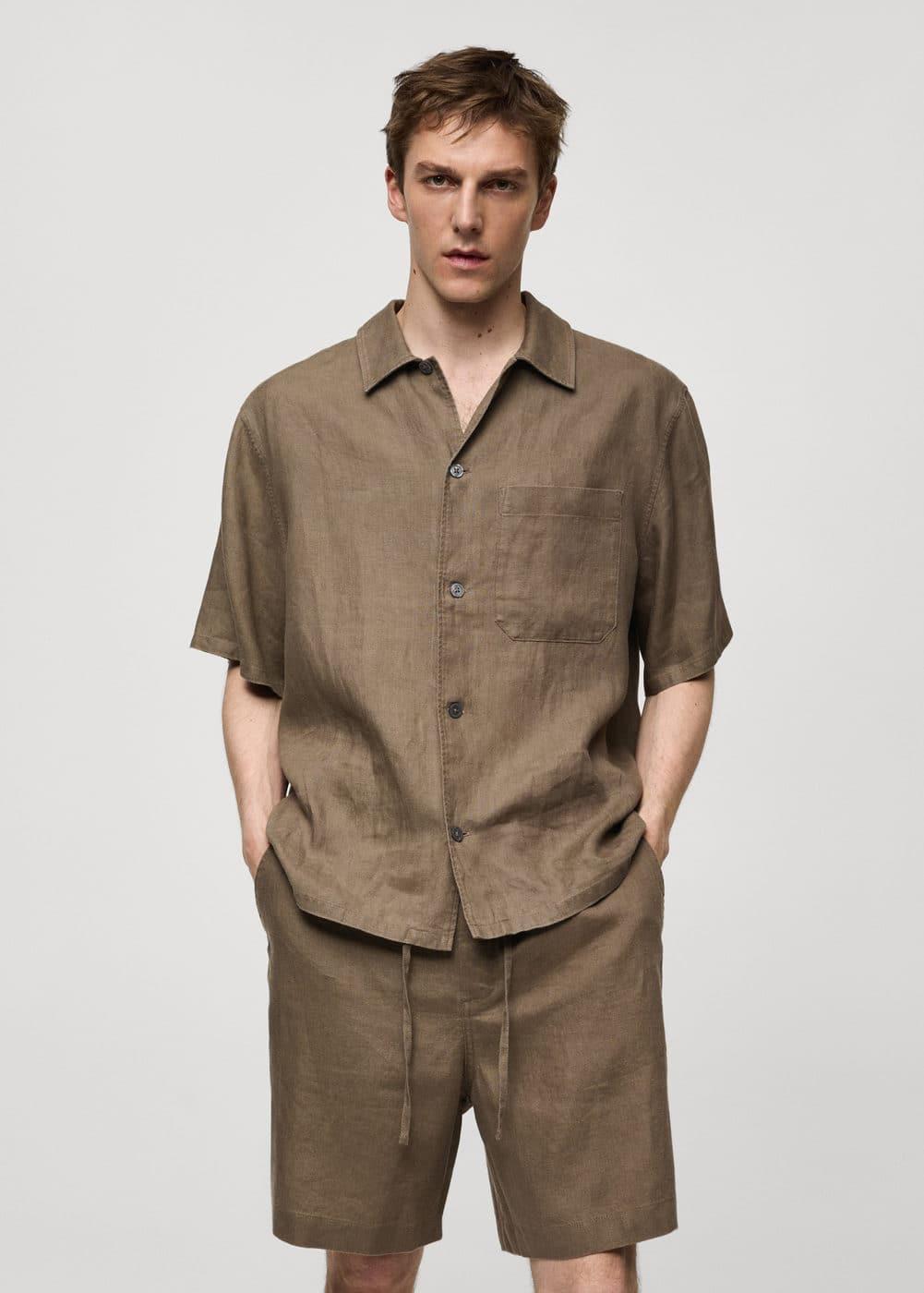 MANGO MAN - Regular fit 100% linen shirt with pocket khakiMen Product Image