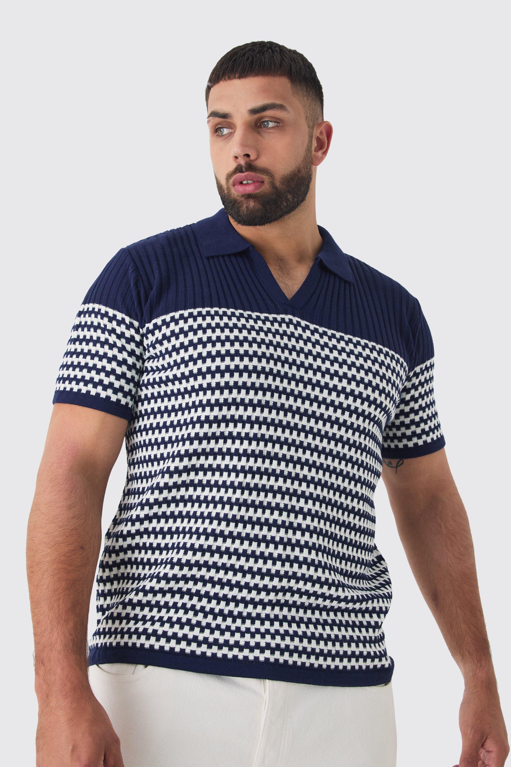 Plus V Neck Striped Knitted Polo | boohooMAN USA Product Image