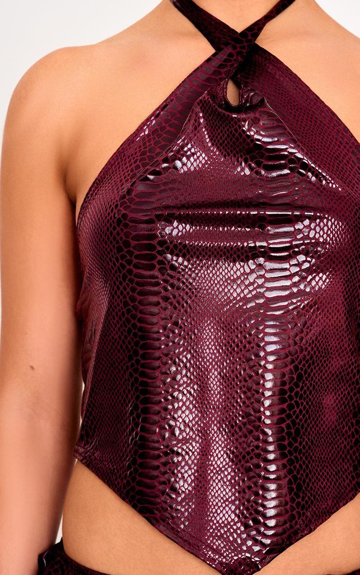 Burgundy Wet Look Croc Print Knotted Halterneck Top Product Image