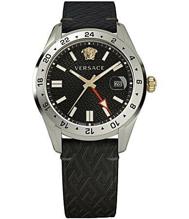 Versace Mens Swiss Greca Time Gmt Black Leather Strap Watch 41mm Product Image