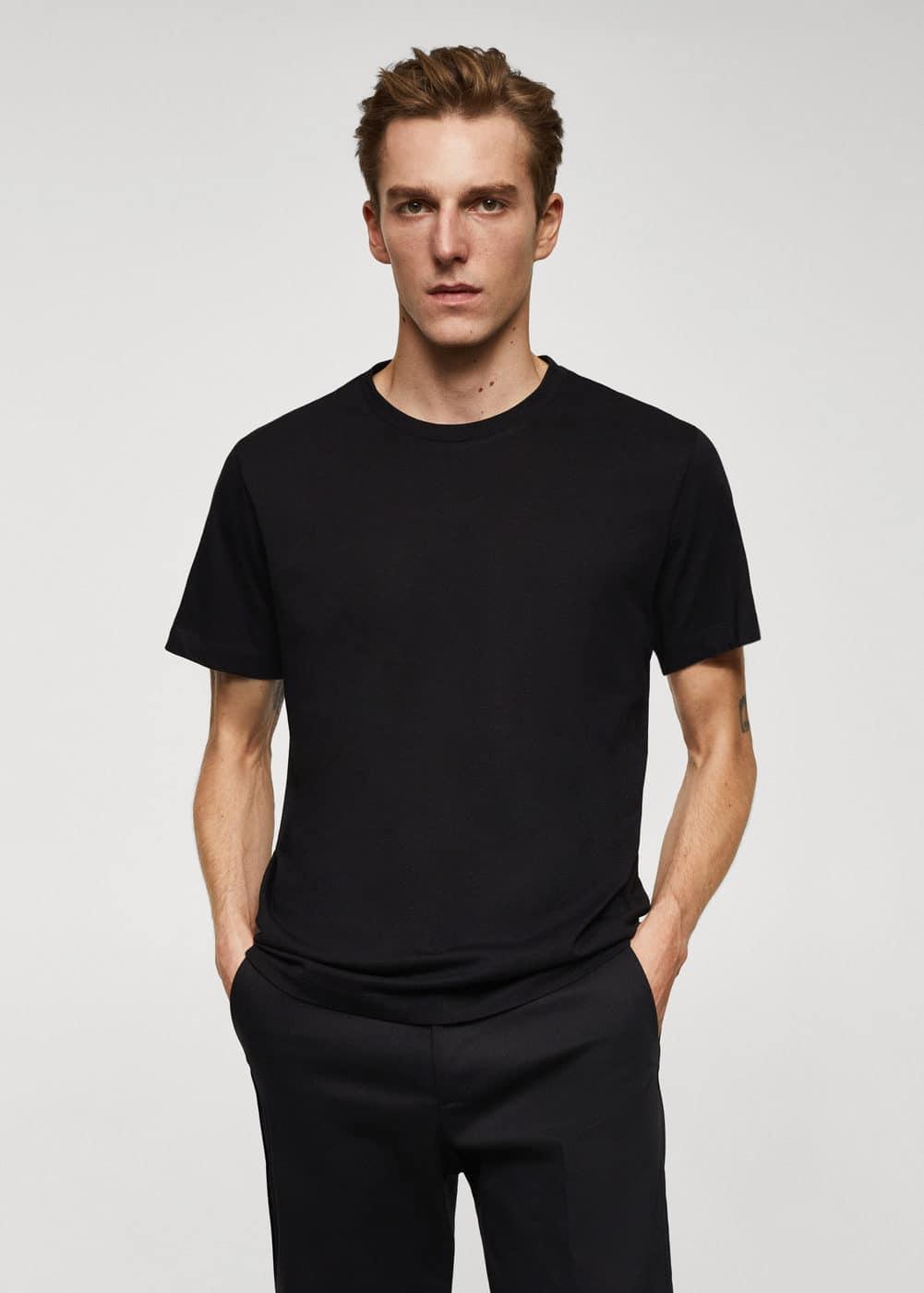 MANGO MAN - Essential cotton-blend T-shirt blackMen Product Image