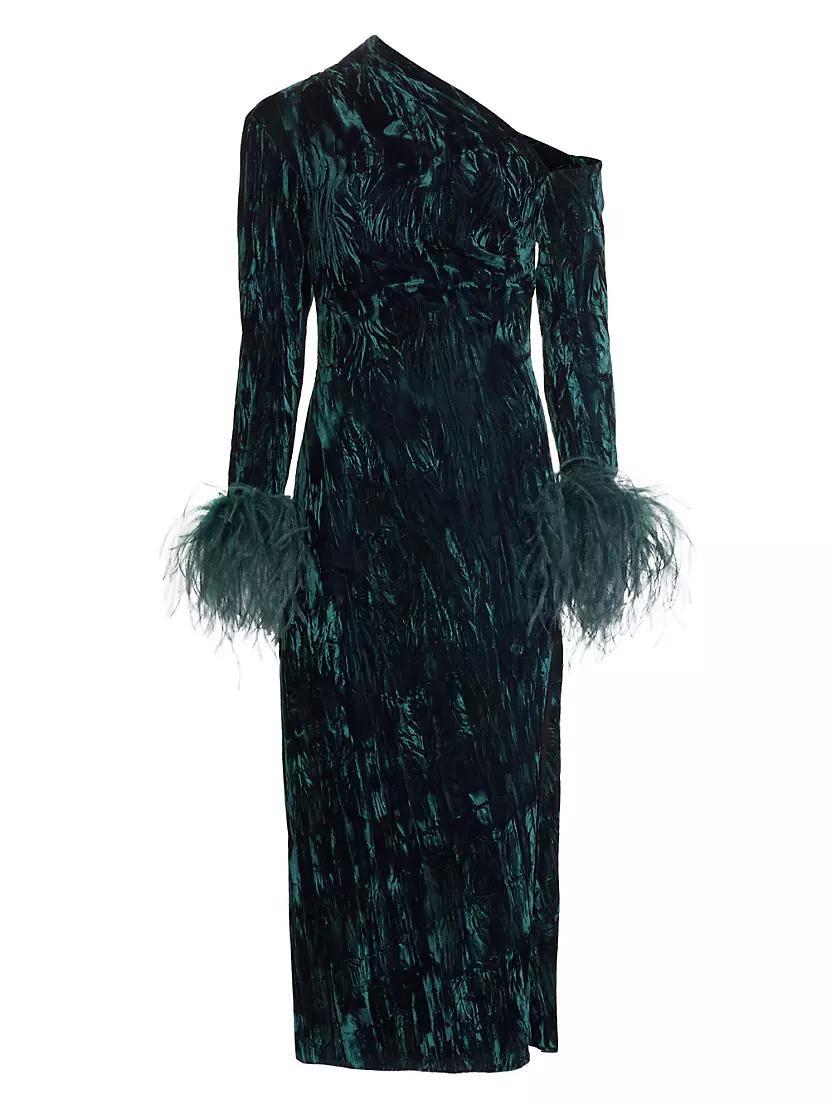 Adelaide Velvet Feather-Cuff Midi-Dress Product Image