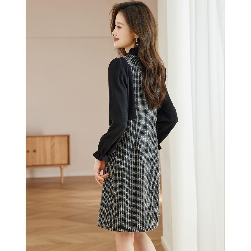 Mock Two-Piece Long-Sleeve Tie-Neck Plaid Panel Sheath Dress Product Image