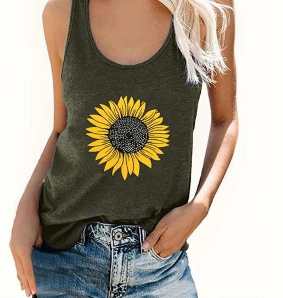 Olivia Mark –  Stylish Sleeveless Sunflower Print Vest featuring a Round Neck T-shirt Product Image