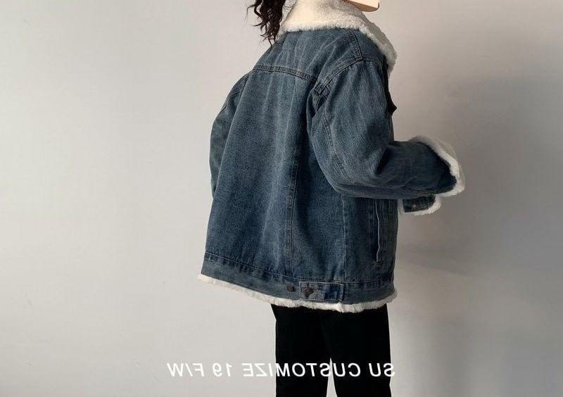 Collar Fleece-Lined Washed Denim Button Jacket Product Image