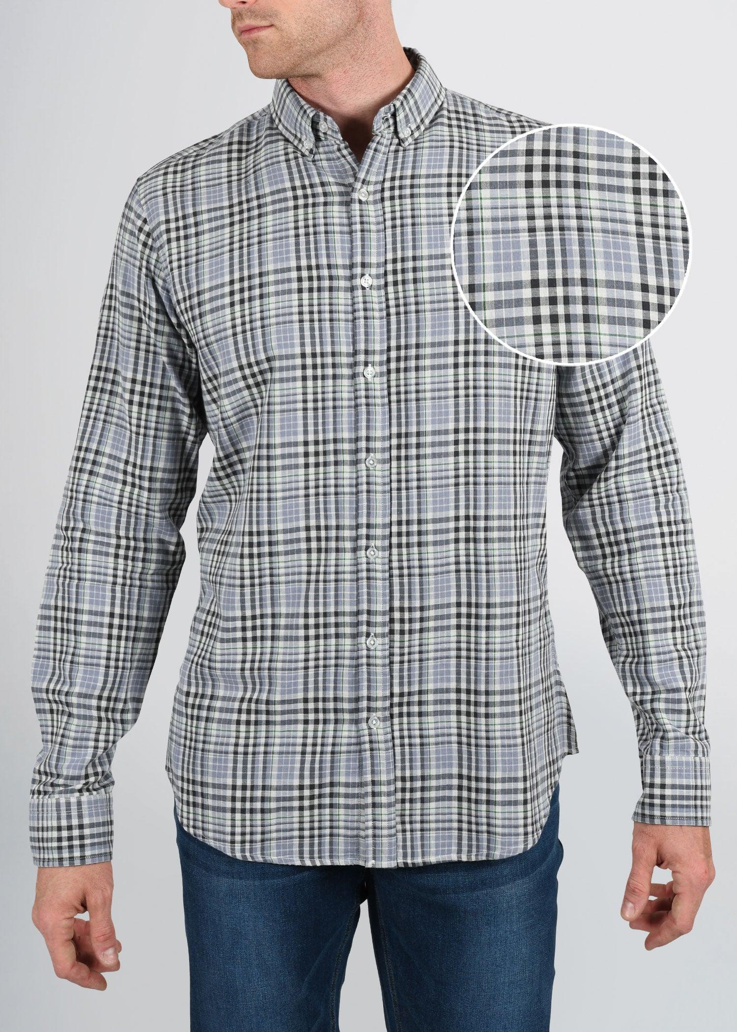 Double-Weave Button-Up Shirt for Tall Men in Grey Plaid Male Product Image