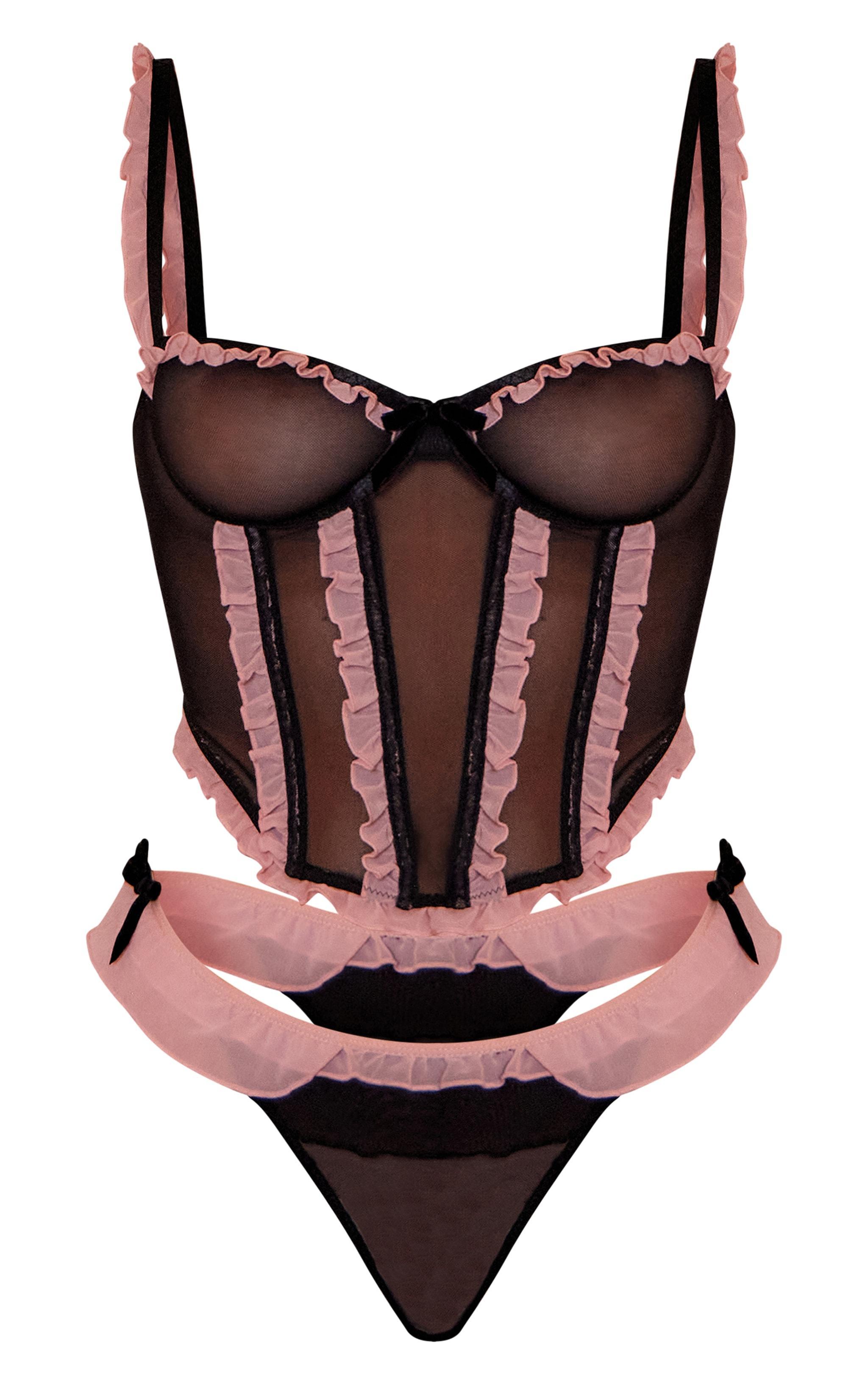 Black Chiffon Contrast Panel Corset Lingerie Set Product Image