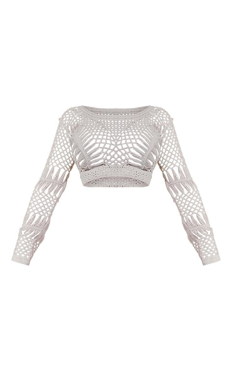 Petite Cream Crochet Long Sleeve Crop Top Product Image