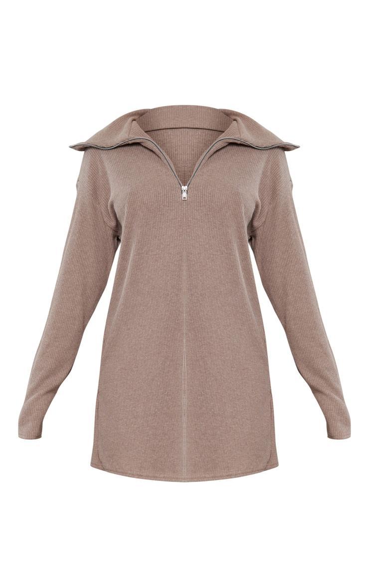 Mocha Rib High Neck Half Zip Oversized Sweater Dress Product Image