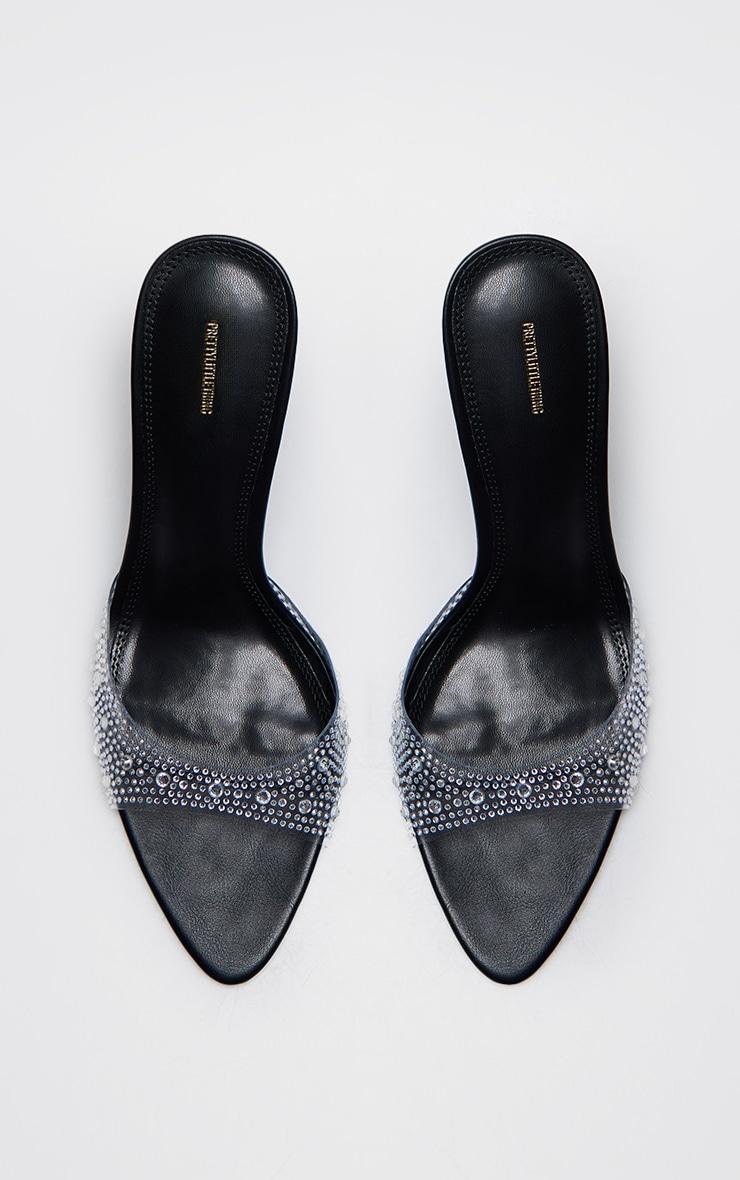 Black PU Point Toe Diamante Strap Heeled Mules Product Image