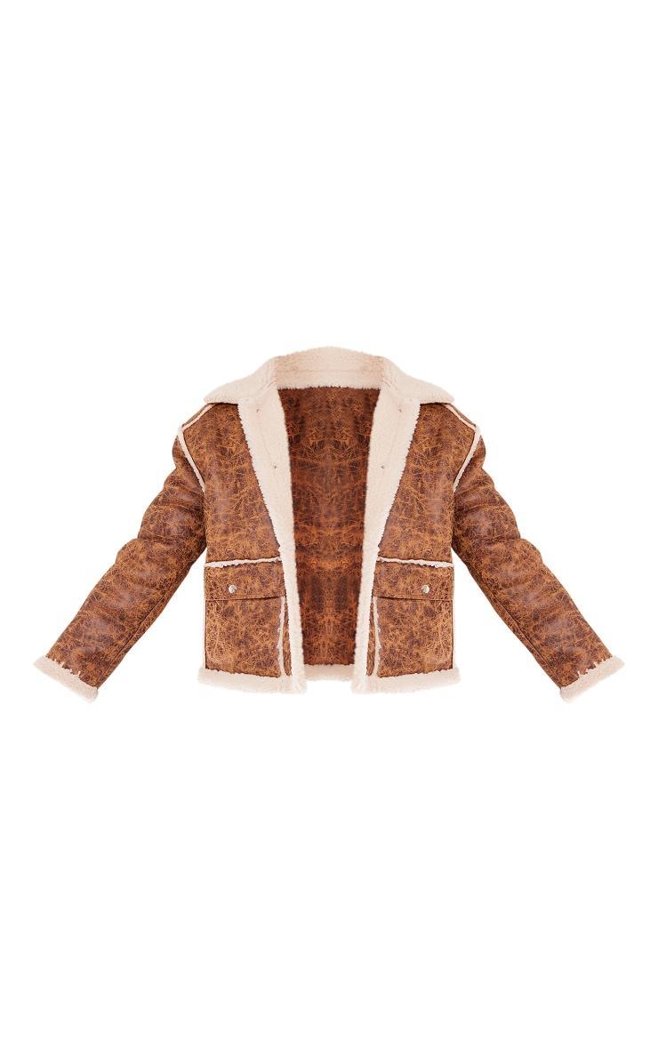 Brown Distressed Pu Borg Detail Collared Jacket Product Image