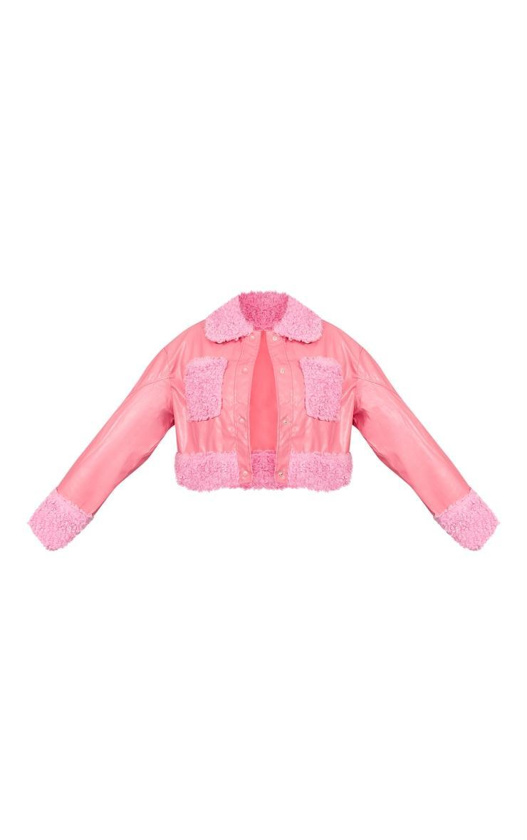  Pink Borg Pocket Front Faux Leather Cropped Coat Product Image