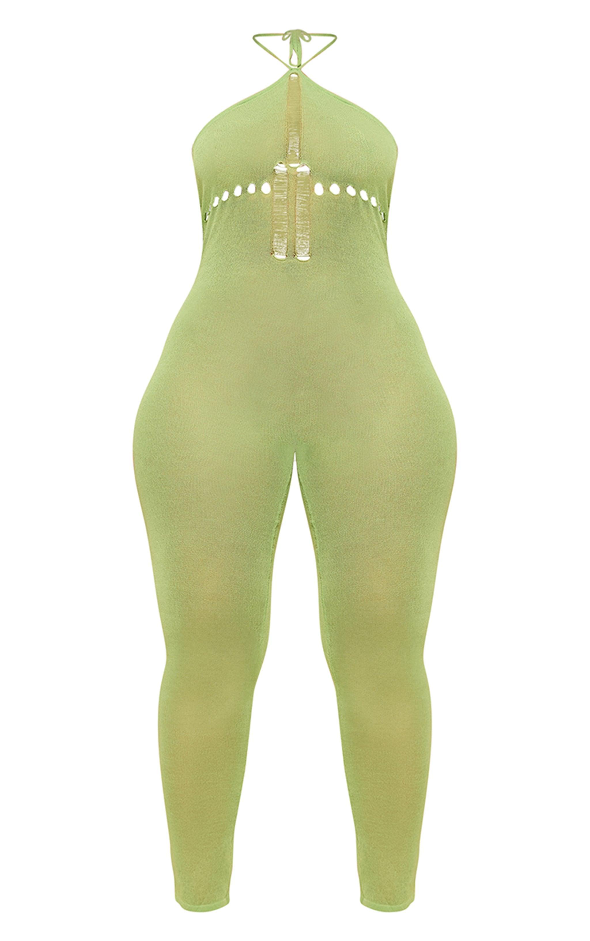 Shape Sage Green Knit Sheer Halterneck Jumpsuit Product Image