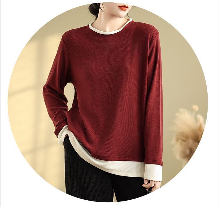 Mock Two-Piece Long-Sleeve Crewneck Two Tone Tee Product Image