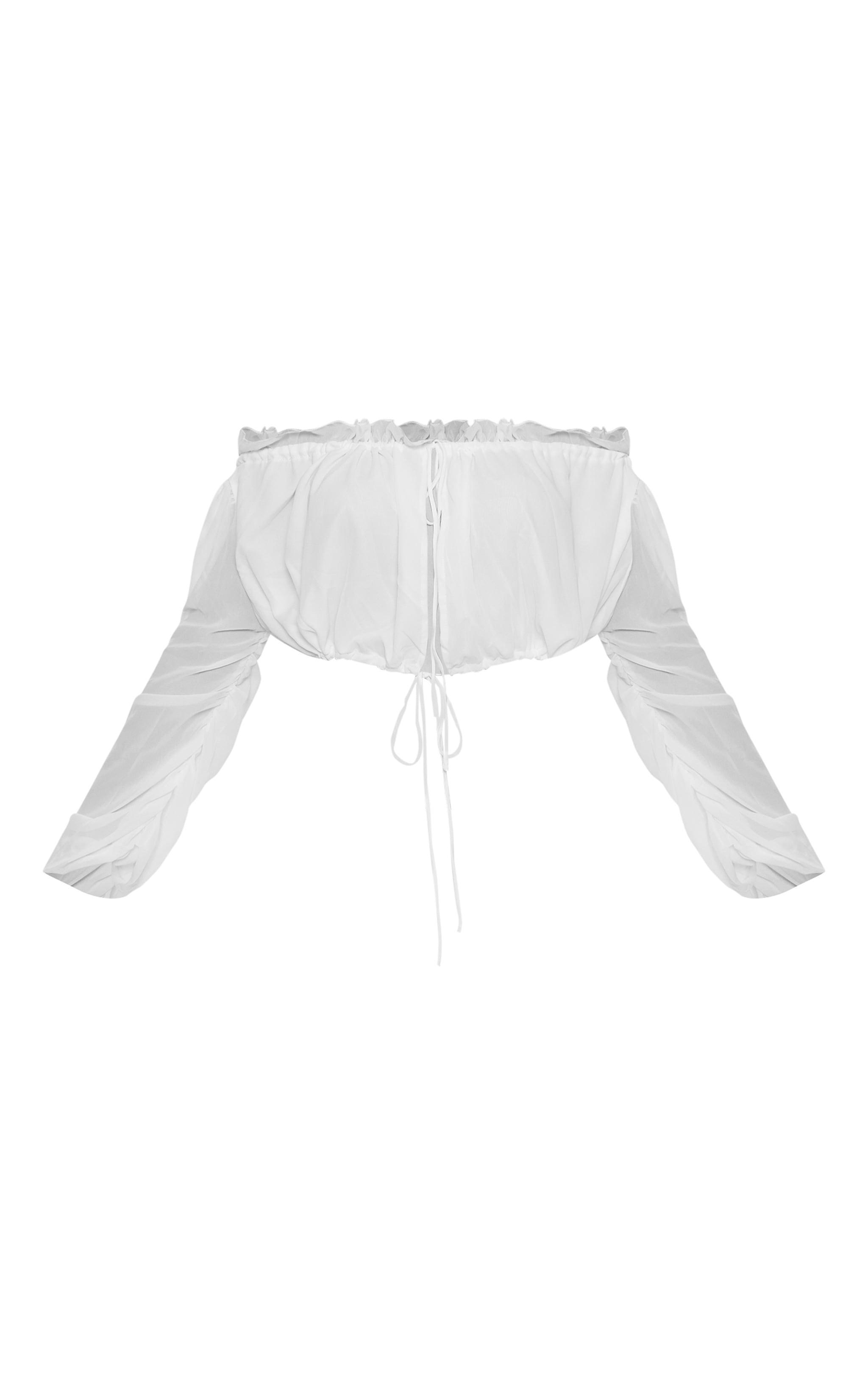 White Tie Front Long Sleeve Chiffon Ruffle Top Product Image