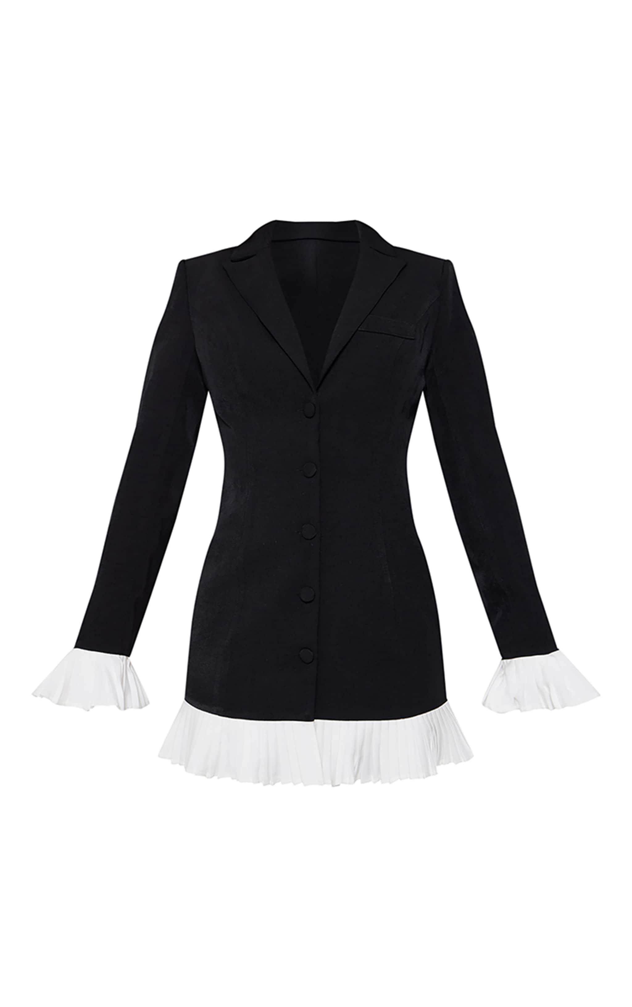 Premium Black Woven Contrast Pleated Hem Blazer Dress Product Image