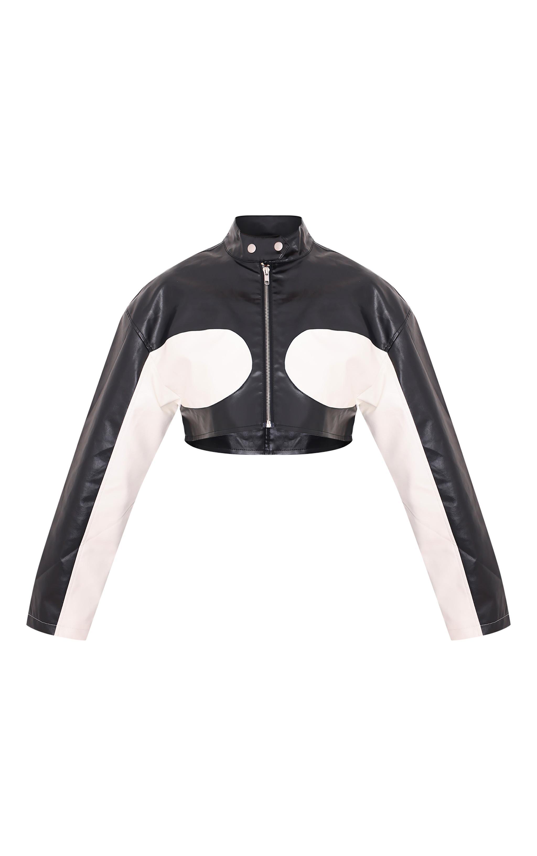 Monochrome Faux Leather Contrast Panel Cropped Jacket Product Image