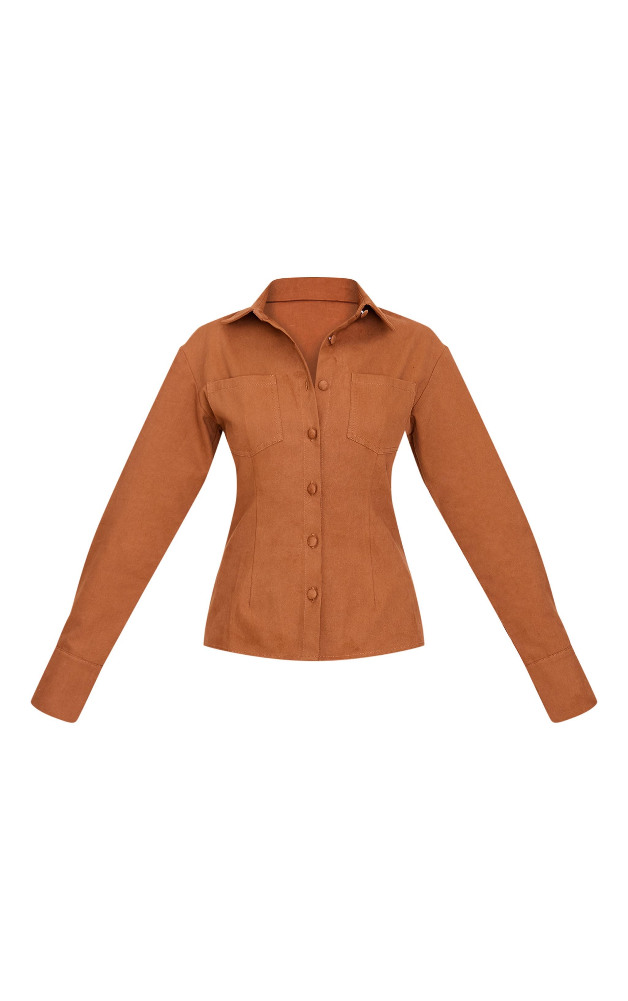  Tan Twill Button Up Cinched Waist Shirt Product Image