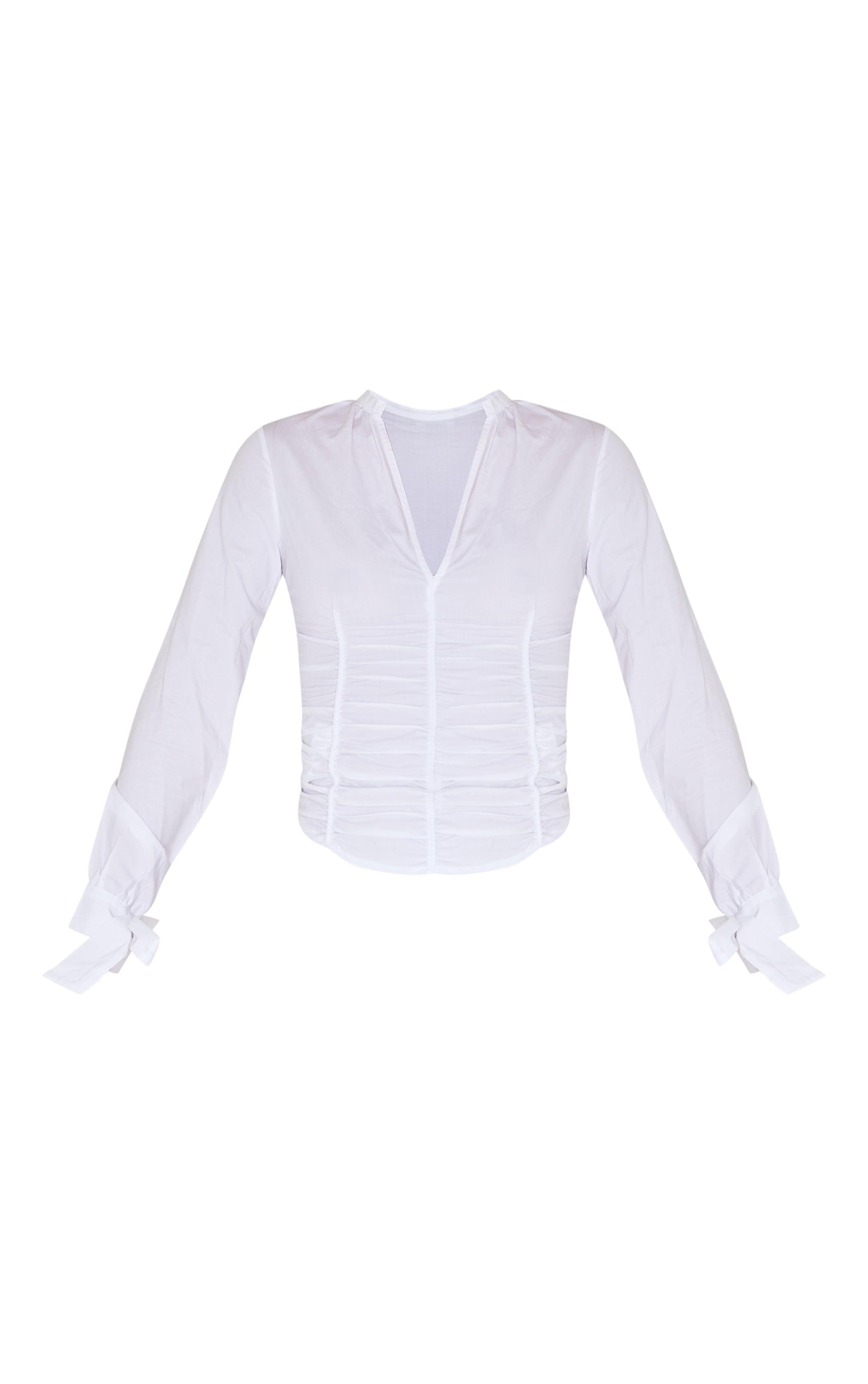 White Ruched Front Tie Detail Shirt Product Image