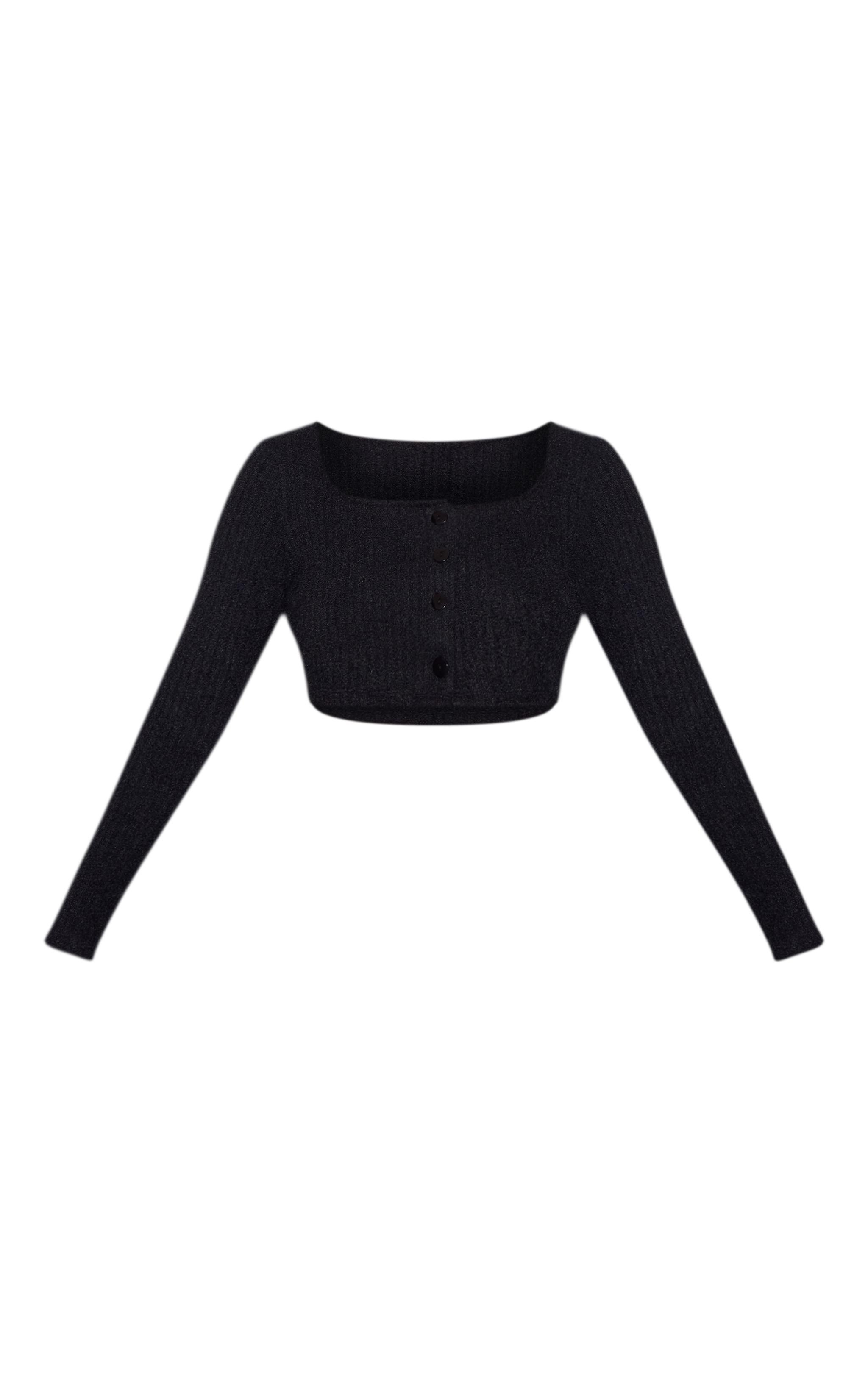 Black Textured Soft Rib Square Neck Button Crop Top Product Image