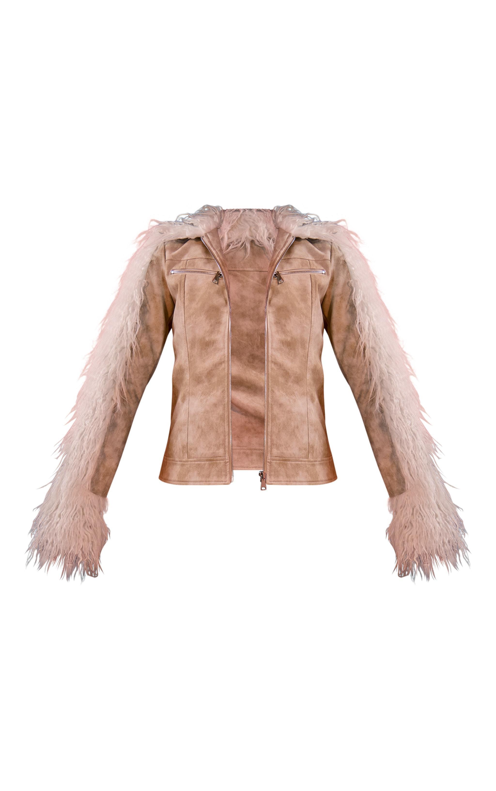 Cream Faux Fur Trim Contrast Faux Leather Zip Up Jacket Product Image