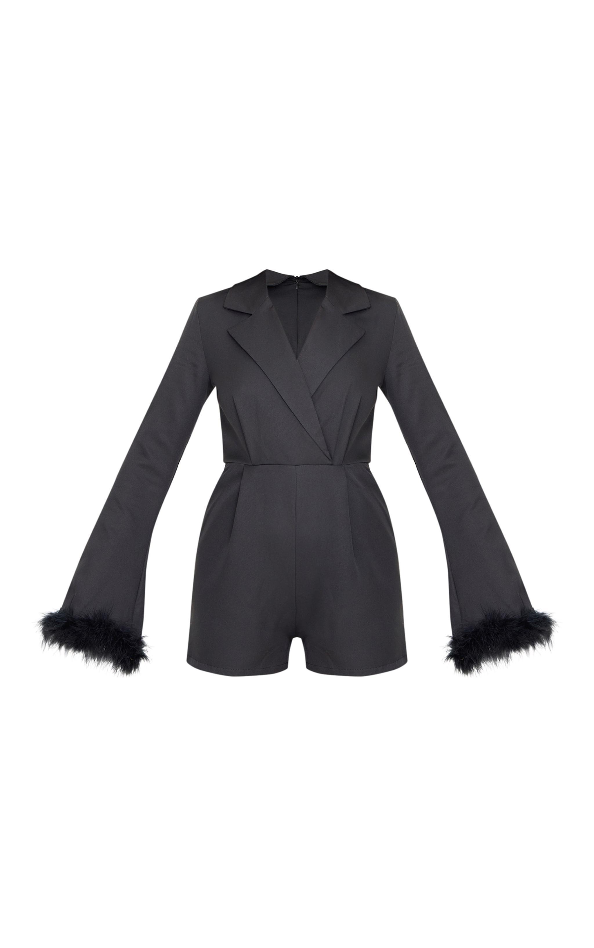 Black Feather Cuff Blazer Romper Product Image