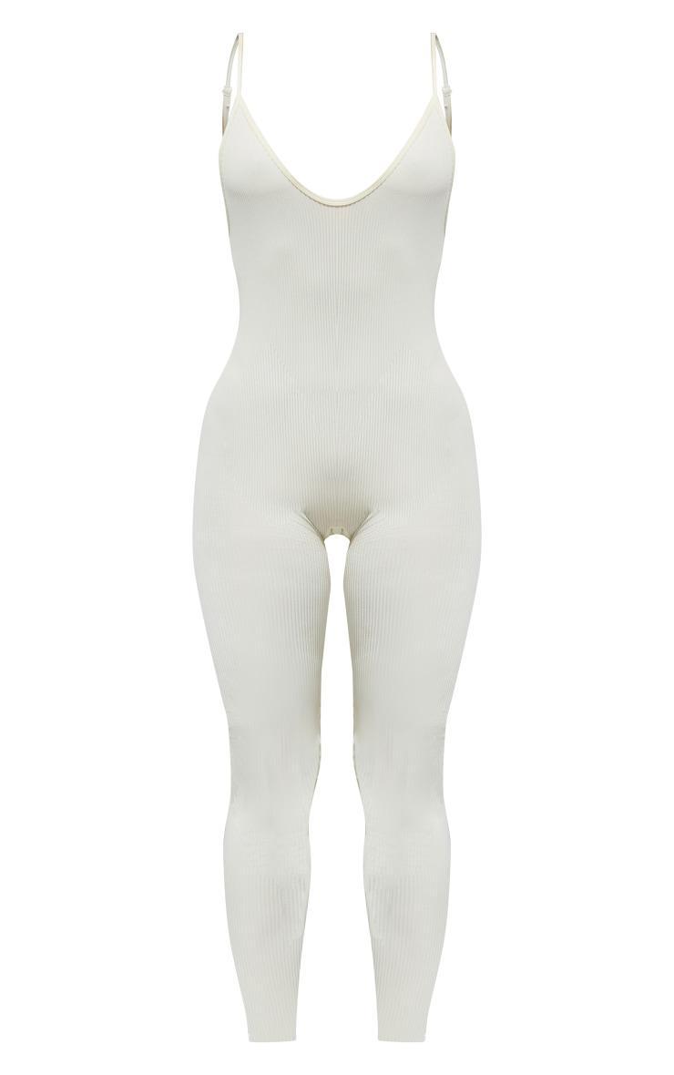 Cream Structured Snatched Rib Strappy Plunge Jumpsuit Product Image