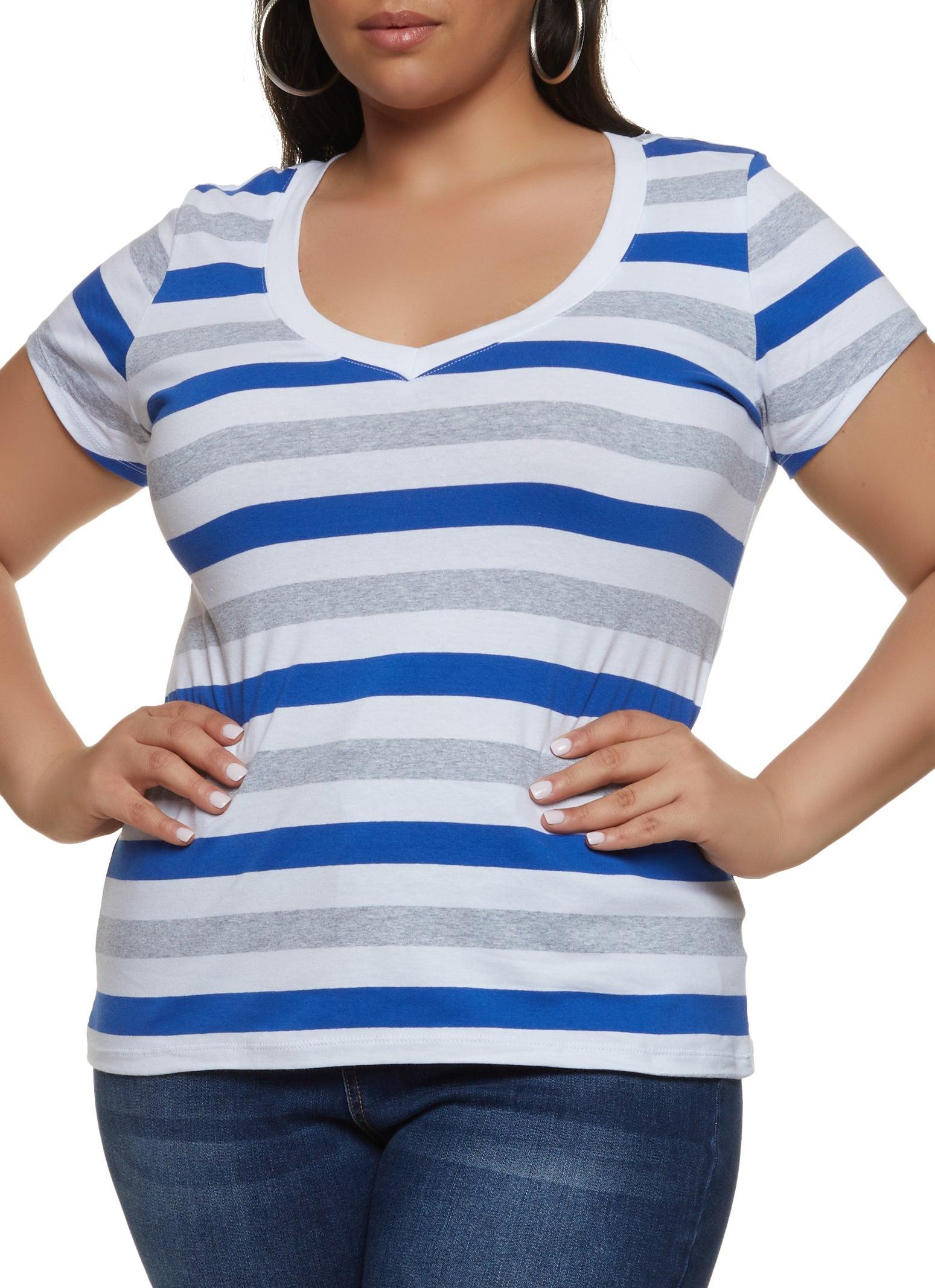 Womens Plus Size Striped V Neck Short Sleeve Tee Product Image