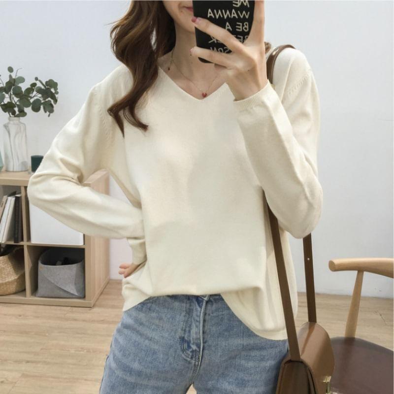 Long-Sleeve V-Neck Plain Knit Top Product Image