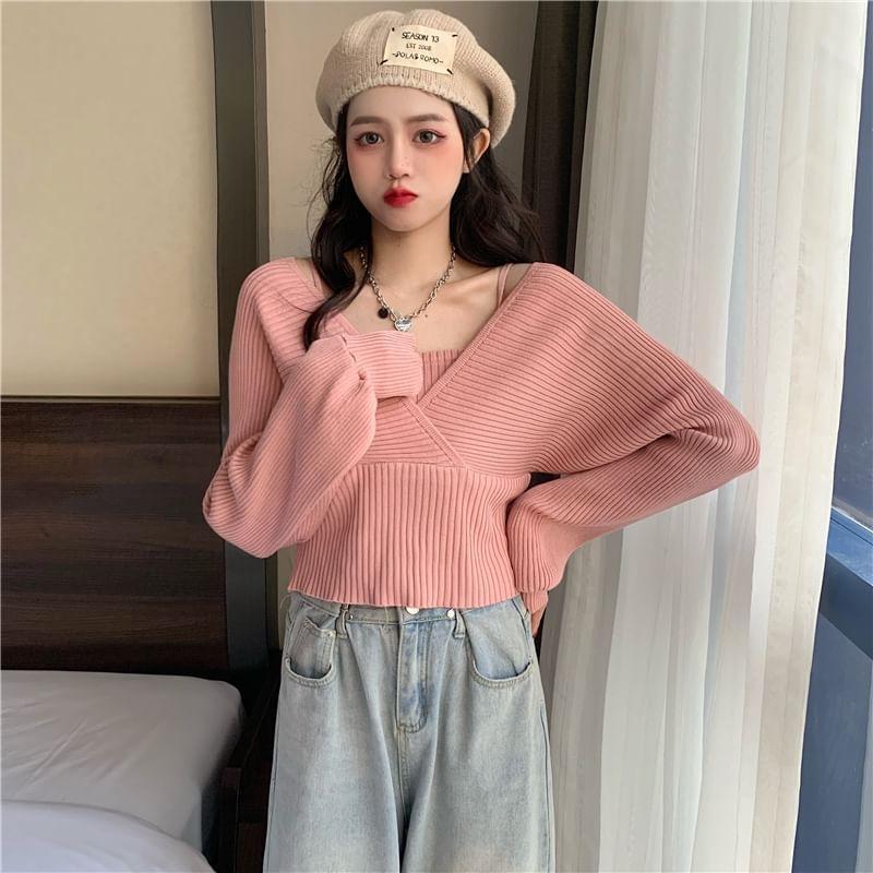 Long-Sleeve Mock Two-Piece Ribbed Knit Top Product Image