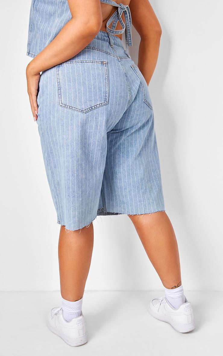 Plus Light Blue Pinstripe Long Line Denim Shorts Product Image