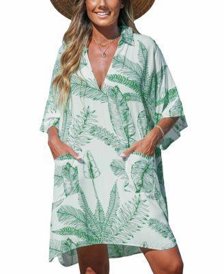 Women's Green-and-White Palm Leaf Collared V-Neck Cover-Up Product Image