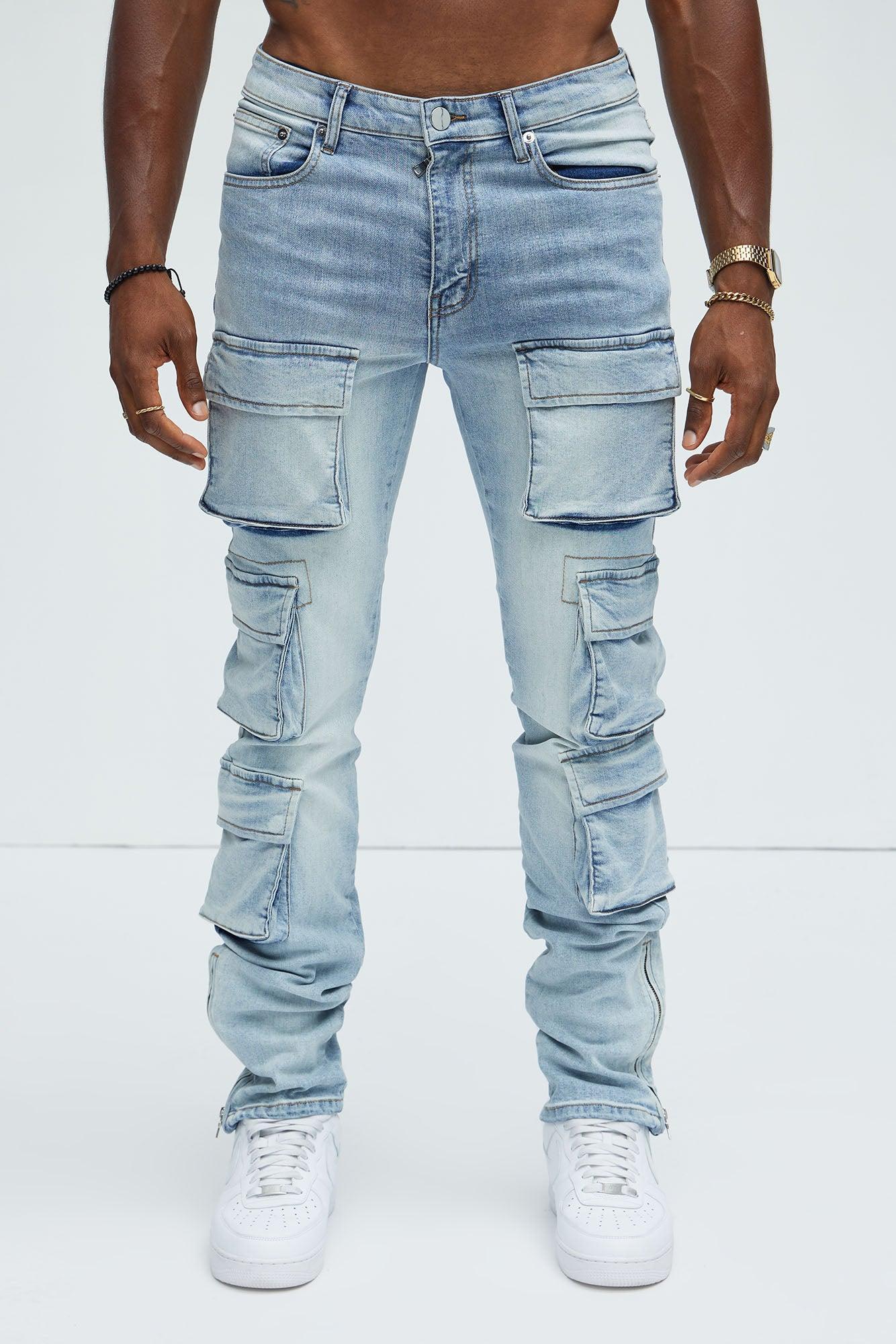 Three Cargo Stacked Skinny Zipper Flare Jeans - Light Wash Product Image