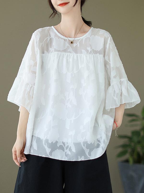 Loose Short Sleeves Falbala Pleated See-Through Split-Joint Round-Neck T-Shirts Product Image