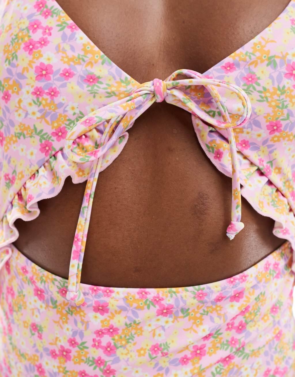 The Frolic cove v neck ditsy floral ruffle swimsuit in pink Product Image