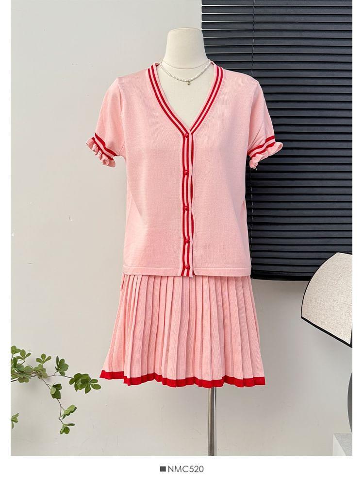 Set: Striped V-Neck Light Cardigan + High-Rise Pleated Mini Skirt Product Image