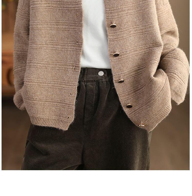 Round Neck Plain Ribbed Knit Button Cardigan Product Image