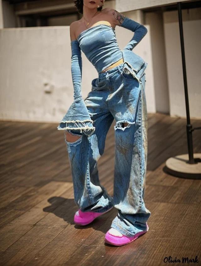 Olivia Mark – Authentic Distressed Denim Wide-Leg Jeans with Custom Painted and Frayed Edges Product Image