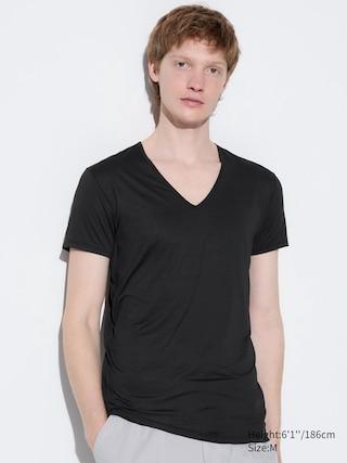 Mens Airism V-Neck T-Shirt with Odor Control Black XS UNIQLO US Product Image