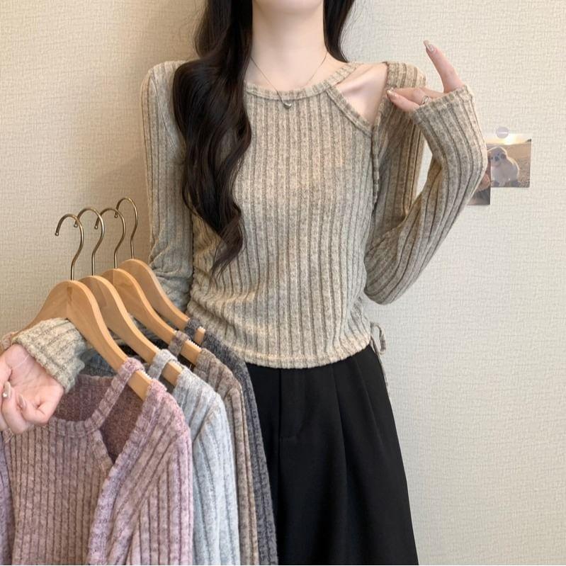 Long-Sleeve Halter Neck Plain Drawstring Slim Fit Crop Knit Top Product Image