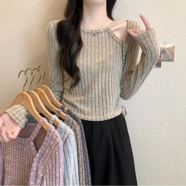 Long-Sleeve Halter Neck Plain Drawstring Slim Fit Crop Knit Top Product Image