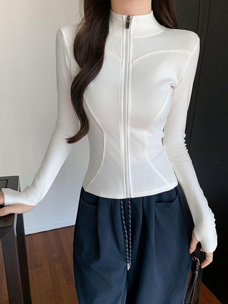 Stand Collar Plain Zip-Up Crop Jacket Product Image