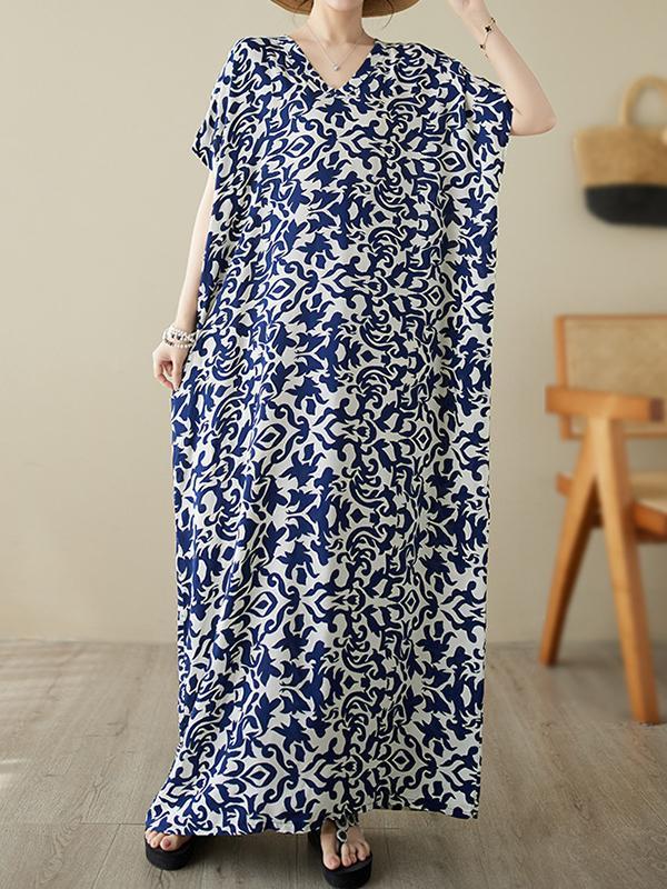 Batwing Sleeves Loose Floral Printed V-Neck Maxi Dresses Product Image