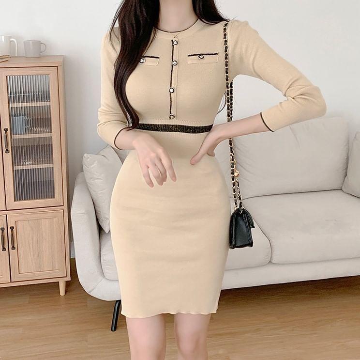 Long Sleeve Round Neck Plain Contrast Trim Button Mini Bodycon Dress Product Image