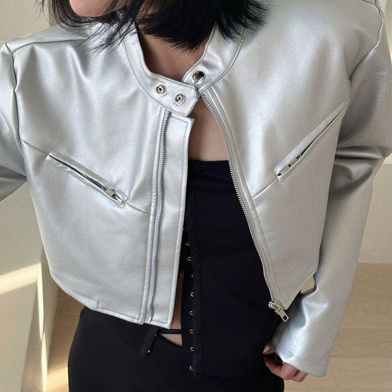 Long Sleeve Stand Collar Faux Leather Zip-Up Crop Jacket Product Image